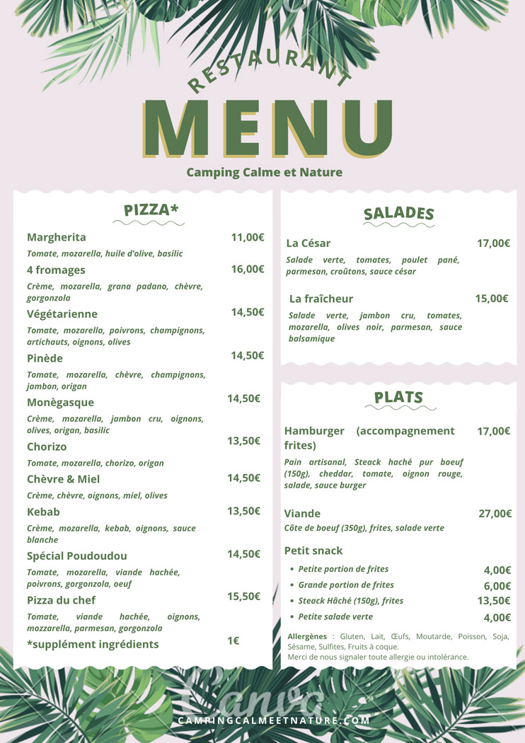 Restaurant and Bar Menu